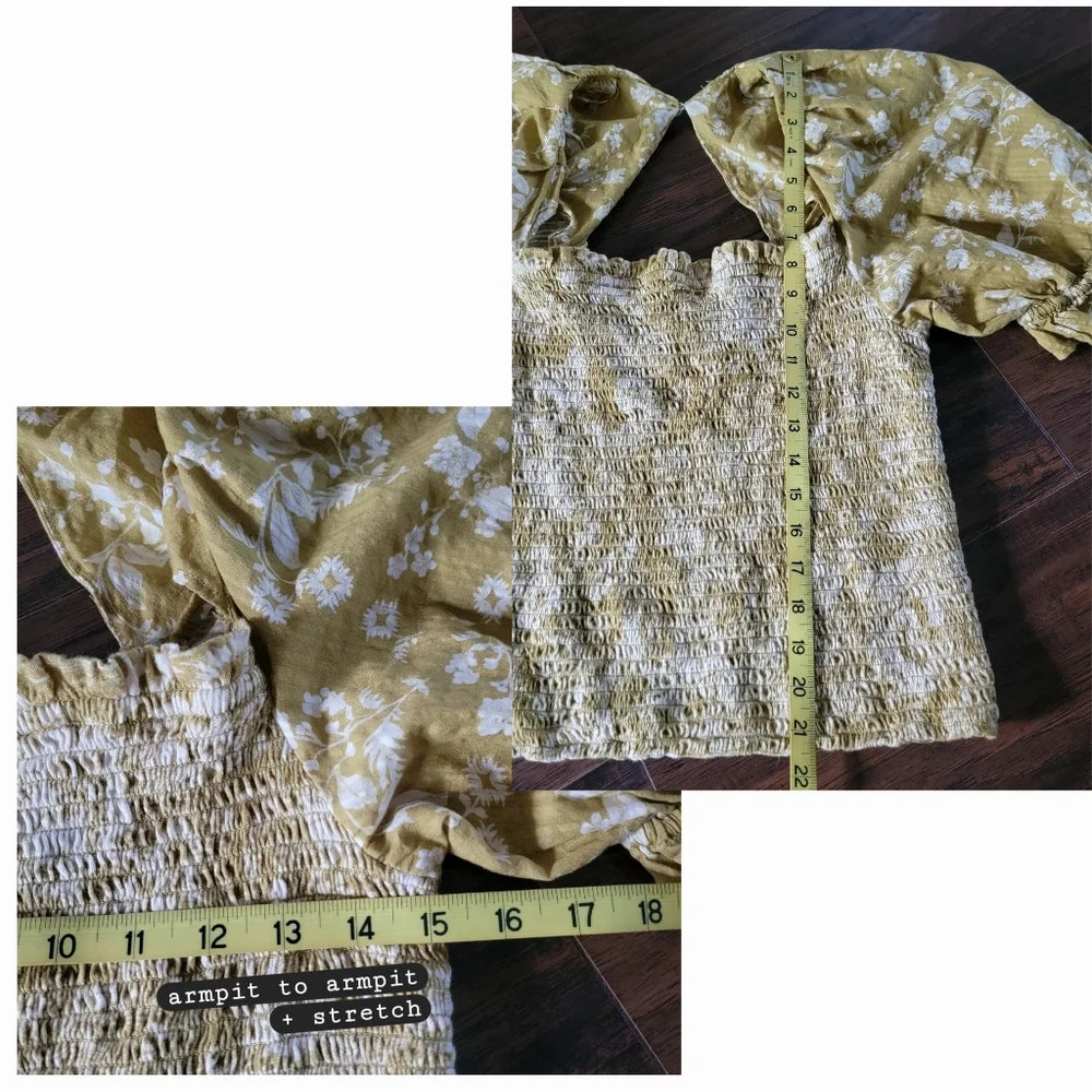 Anthropologie‎ Cotton Seersucker Smocked Puff-Sleeve Crop Top Large Chartreuse - Picture 15 of 15